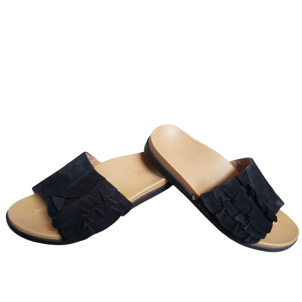 Vionic Slides Black Womens Roni Size 6 Suede Ruffle Shoes Detail Slip-On Sandals - Picture 3 of 15